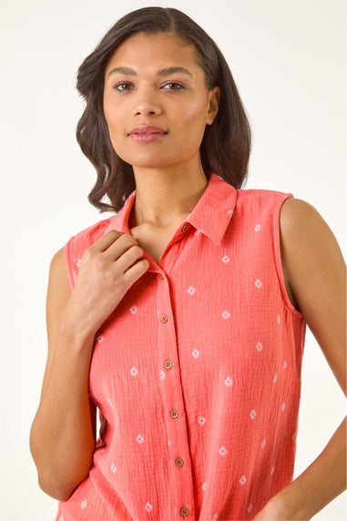 Roman Coral Embroidered Tie Front Blouse