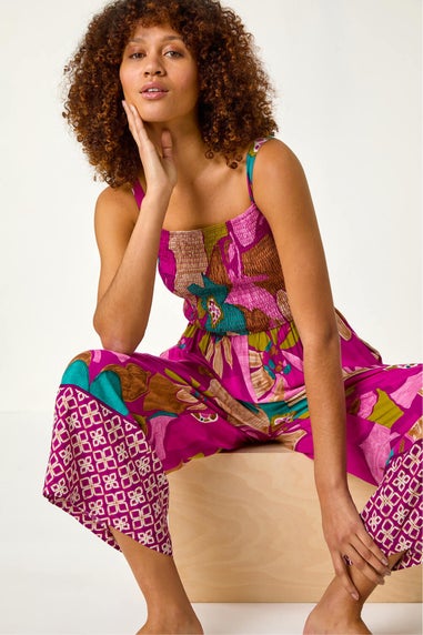 Roman Purple Floral Border Ruched Jumpsuit