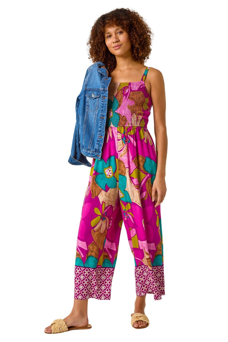 Roman Purple Floral Border Ruched Jumpsuit