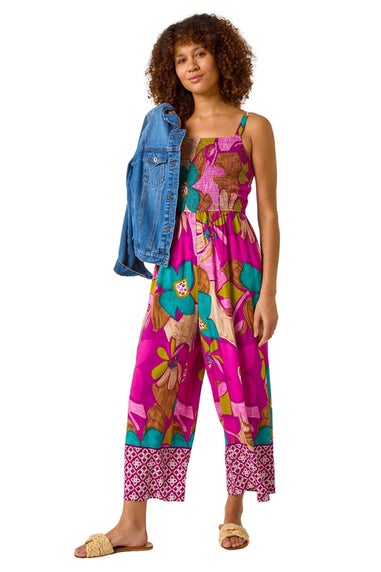 Roman Purple Floral Border Ruched Jumpsuit