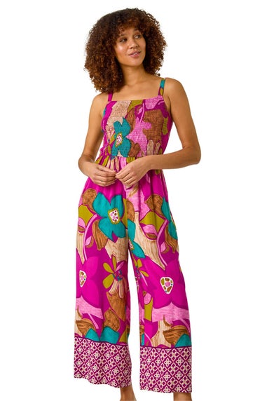 Roman Purple Floral Border Ruched Jumpsuit