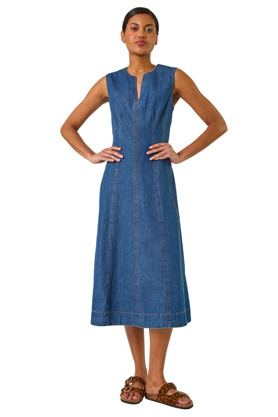 Roman Denim Panel Detail Midi Dress