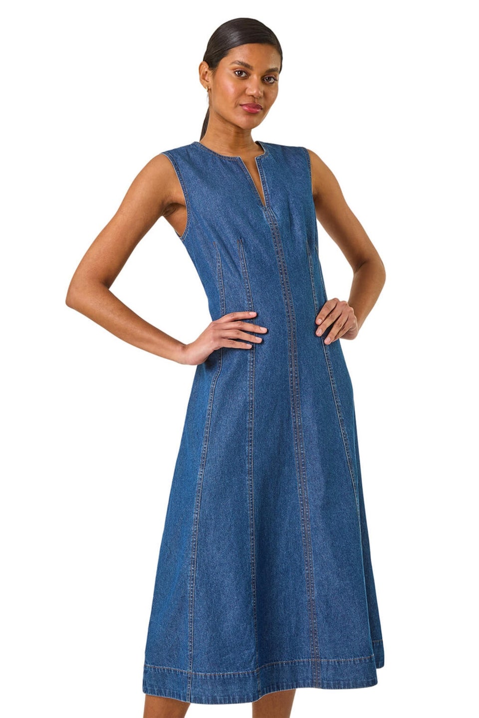 Roman Denim Panel Detail Midi Dress
