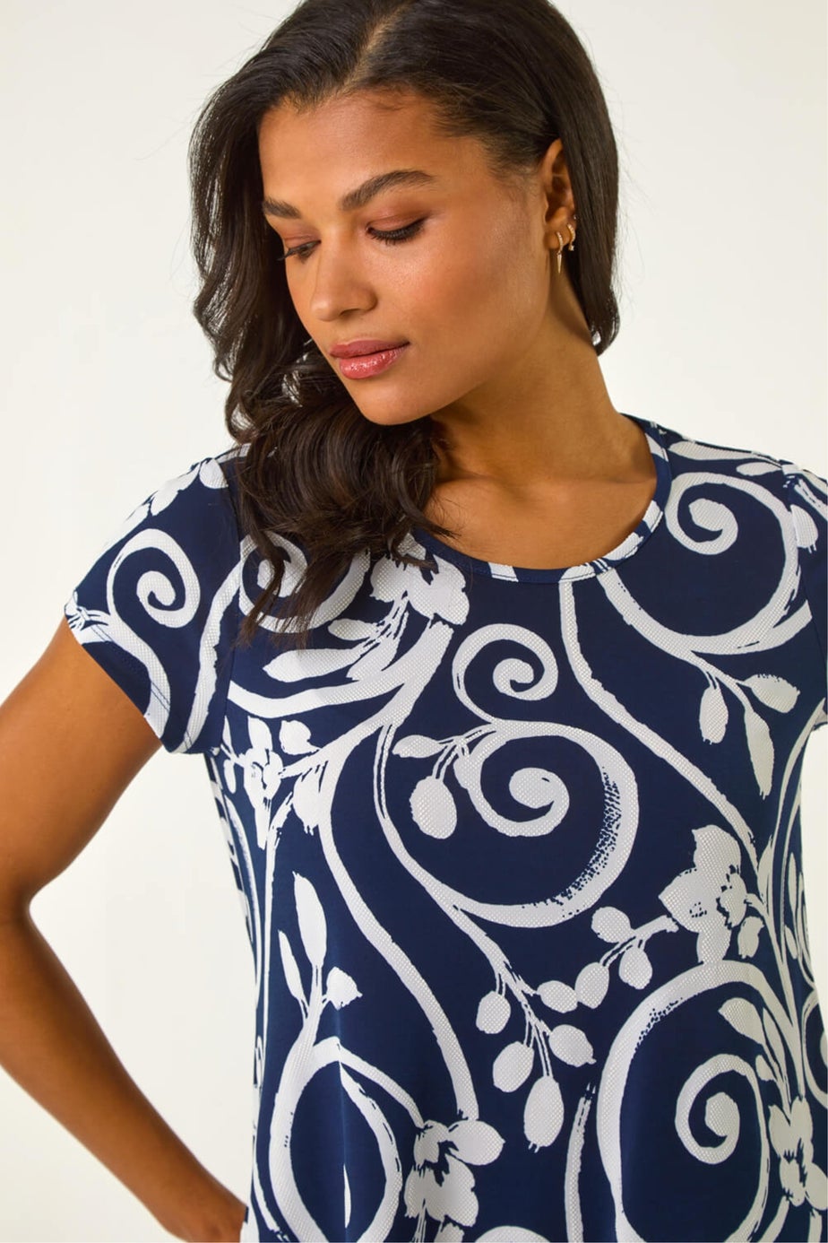 Roman Navy Floral Print Hanky Hem Tunic Top