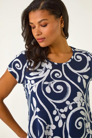 Roman Navy Floral Print Hanky Hem Tunic Top
