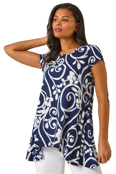 Roman Navy Floral Print Hanky Hem Tunic Top