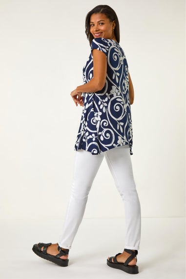 Roman Navy Floral Print Hanky Hem Tunic Top