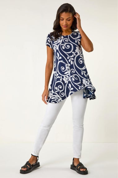 Roman Navy Floral Print Hanky Hem Tunic Top