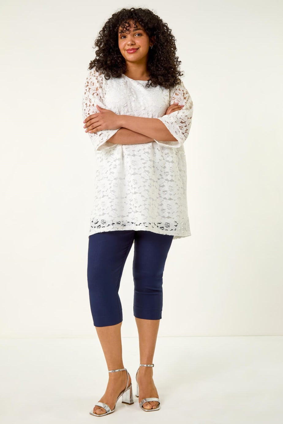 Roman White Curve Lace Front Stretch Top
