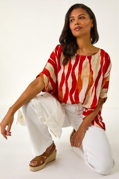 Roman Red Abstract Buttoned Top