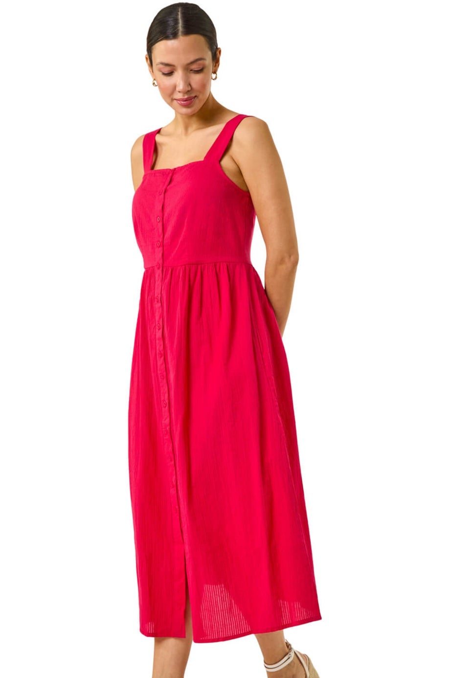 Roman Pink Seersucker Button Midi Sundress