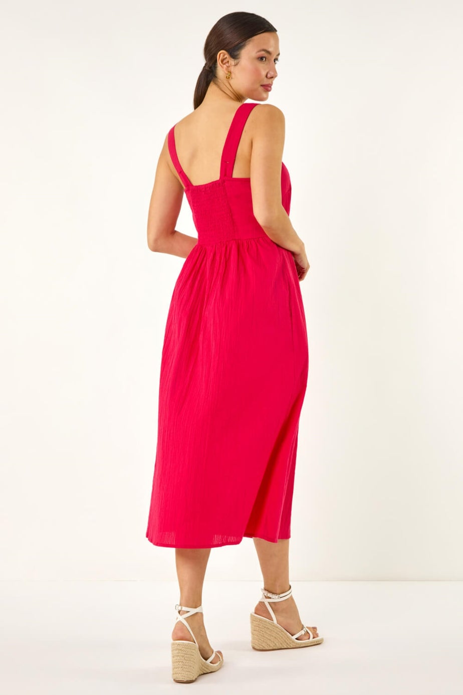 Roman Pink Seersucker Button Midi Sundress