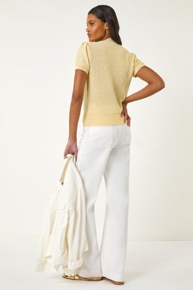 Roman Lemon Daisy Sequin Embroidered Knit Top