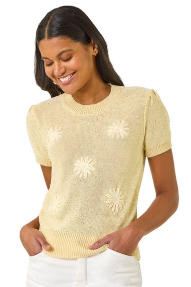 Roman Lemon Daisy Sequin Embroidered Knit Top