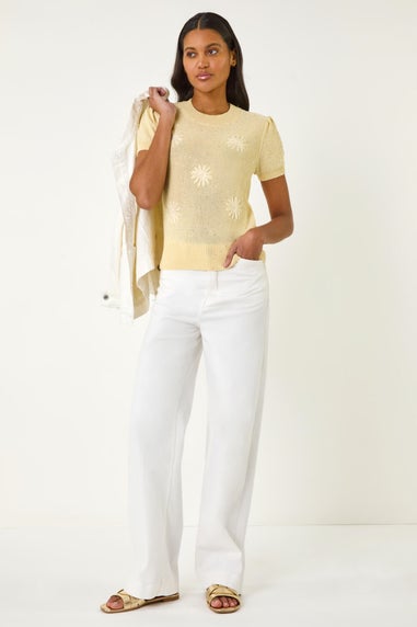 Roman Lemon Daisy Sequin Embroidered Knit Top
