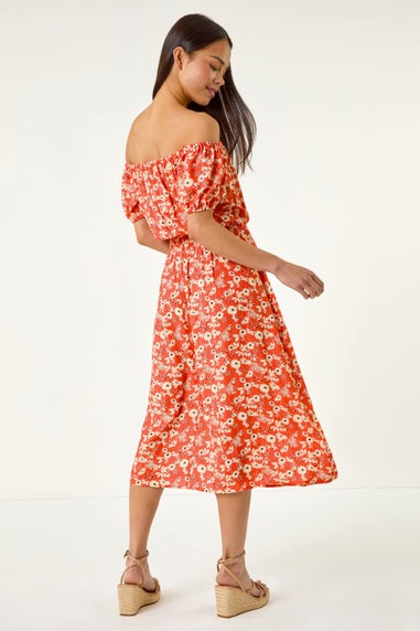 Roman Coral Petite Ditsy Bardot Midi Dress
