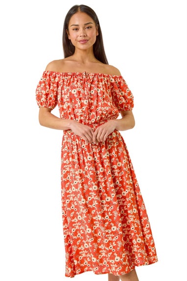 Roman Coral Petite Ditsy Bardot Midi Dress