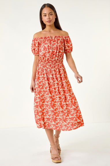 Roman Coral Petite Ditsy Bardot Midi Dress