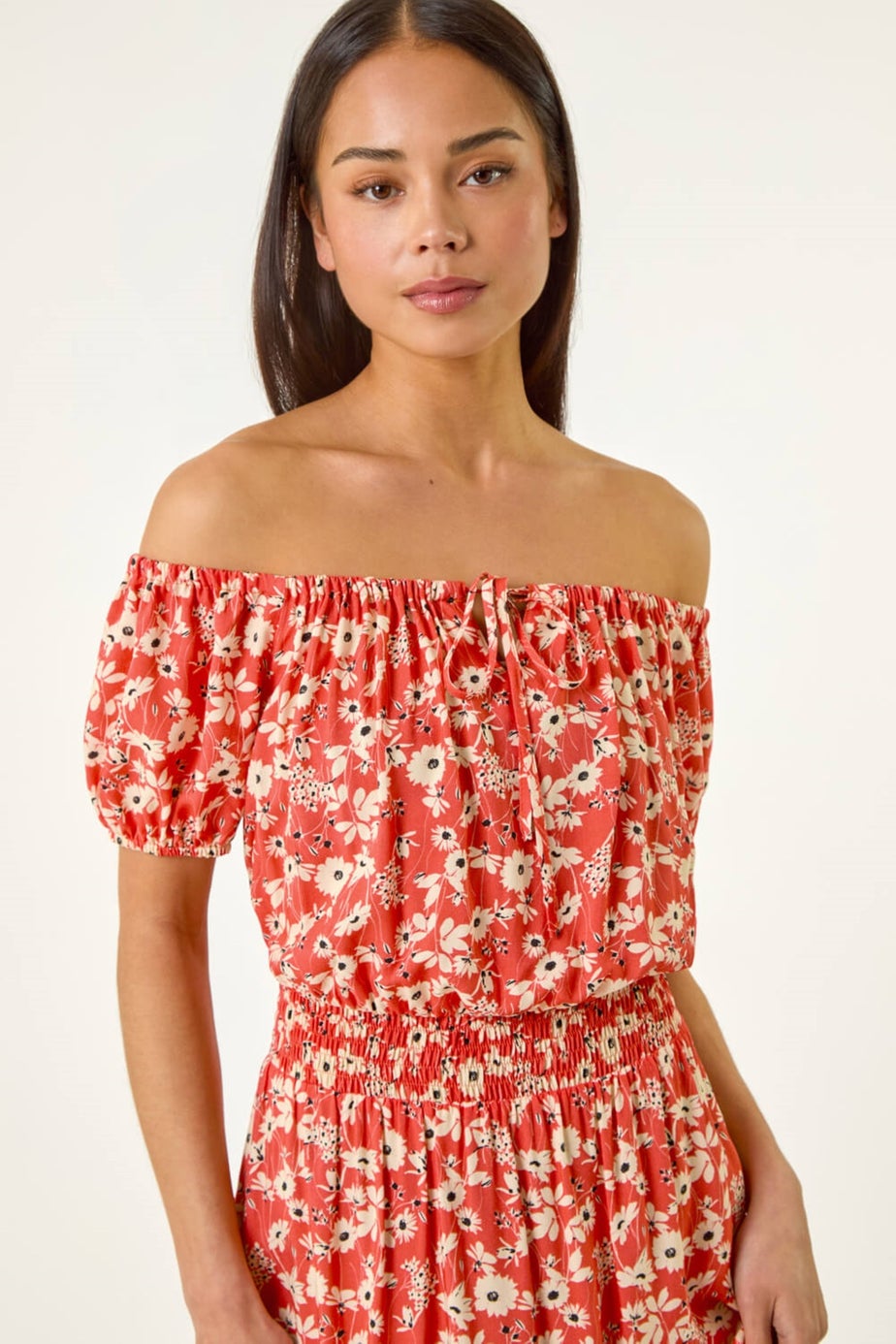 Roman Coral Petite Ditsy Bardot Midi Dress