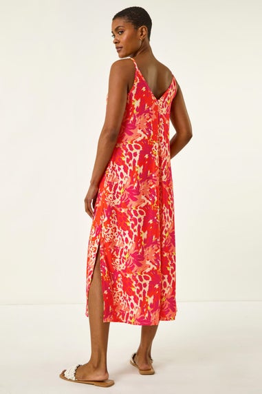 Roman Orange Abstract Print Swing Midi Stretch Dress