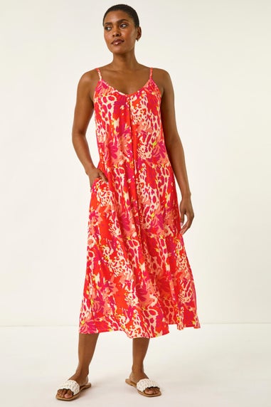 Roman Orange Abstract Print Swing Midi Stretch Dress