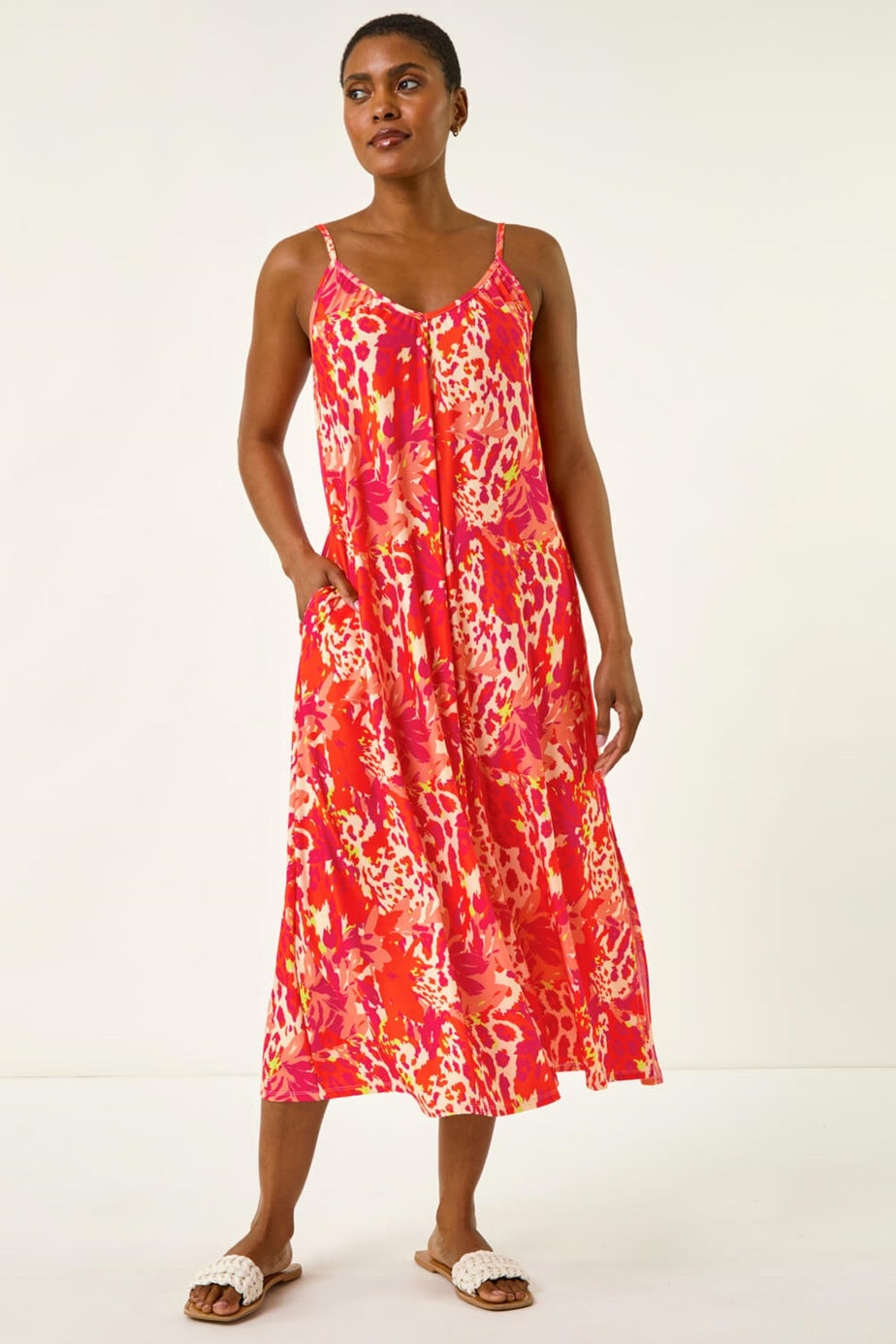 Roman Orange Abstract Print Swing Midi Stretch Dress