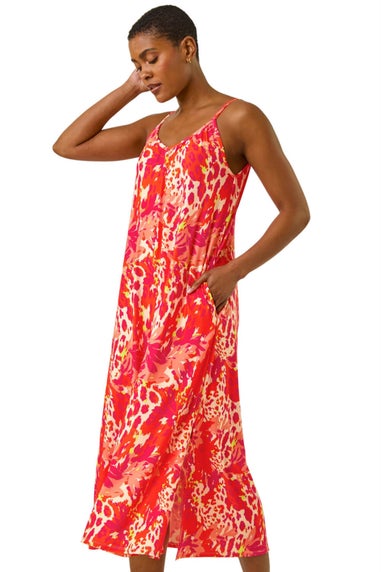 Roman Orange Abstract Print Swing Midi Stretch Dress