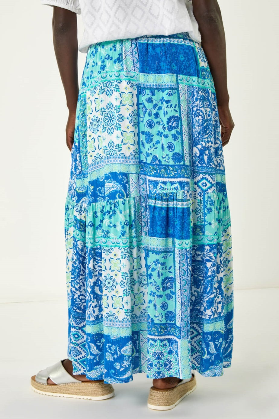Roman Light Blue Patchwork Shimmer Tiered Maxi Skirt