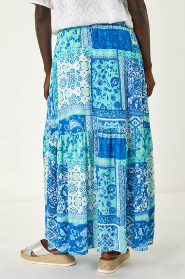 Roman Light Blue Patchwork Shimmer Tiered Maxi Skirt