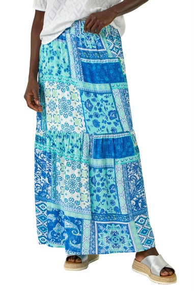 Roman Light Blue Patchwork Shimmer Tiered Maxi Skirt