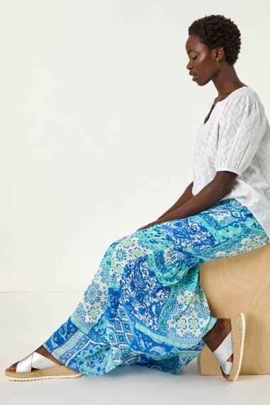 Roman Light Blue Patchwork Shimmer Tiered Maxi Skirt