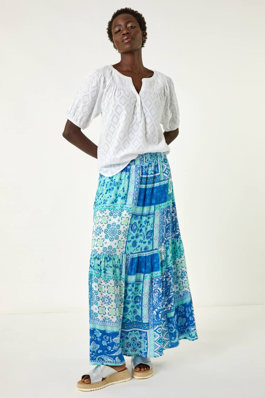 Roman Light Blue Patchwork Shimmer Tiered Maxi Skirt