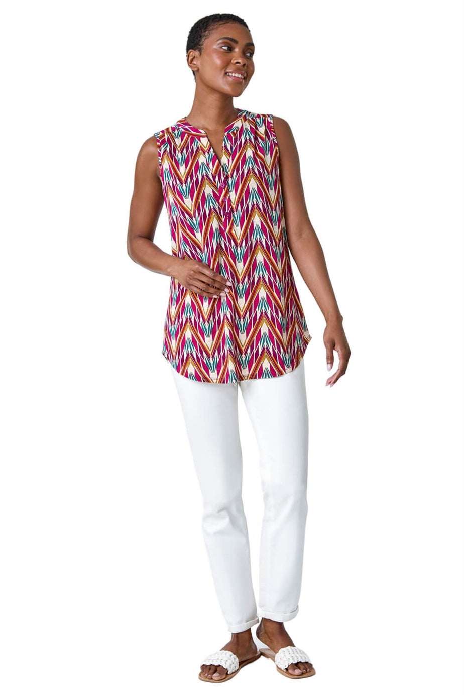 Roman Cerise Sleeveless V-Neck Floral Button Detail Top