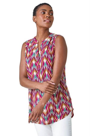 Roman Cerise Sleeveless V-Neck Floral Button Detail Top