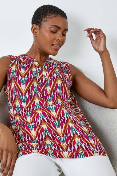 Roman Cerise Sleeveless V-Neck Floral Button Detail Top