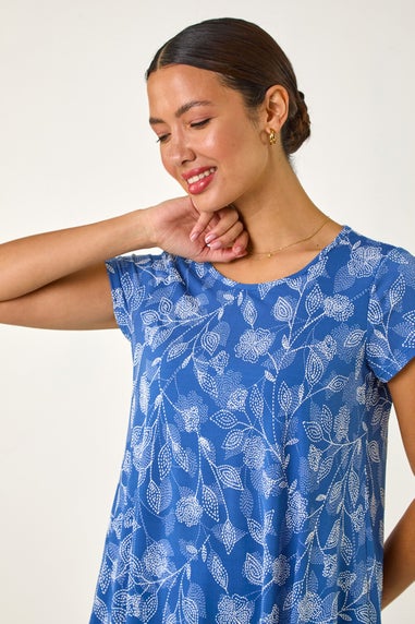 Roman Blue Textured Floral Print Tunic Top