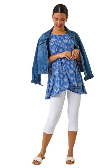 Roman Blue Textured Floral Print Tunic Top