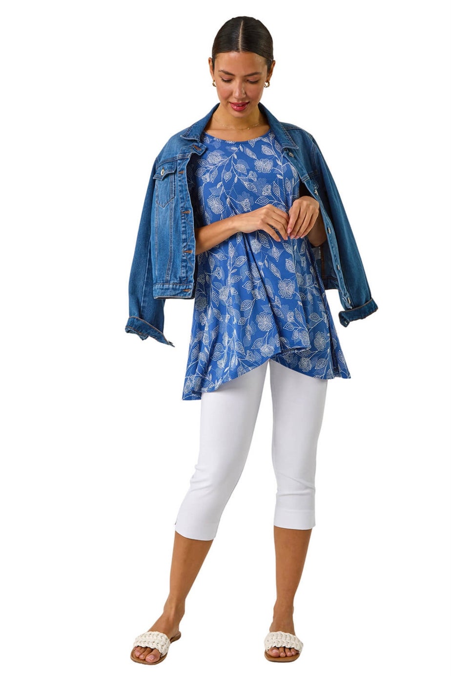 Roman Blue Textured Floral Print Tunic Top