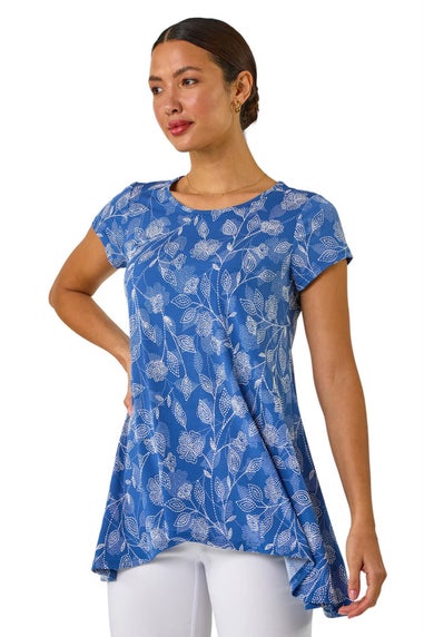 Roman Blue Textured Floral Print Tunic Top