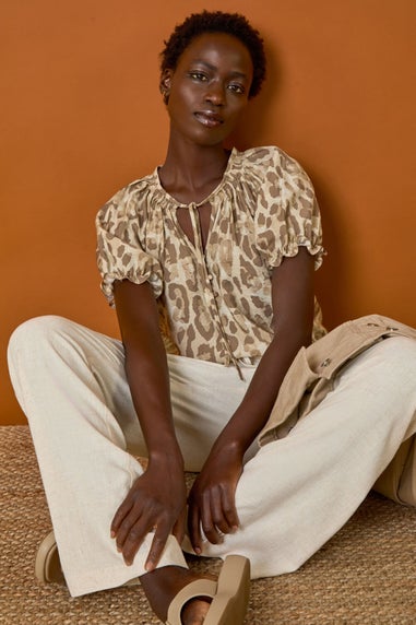 Roman Taupe Animal Print Tie Neck Top
