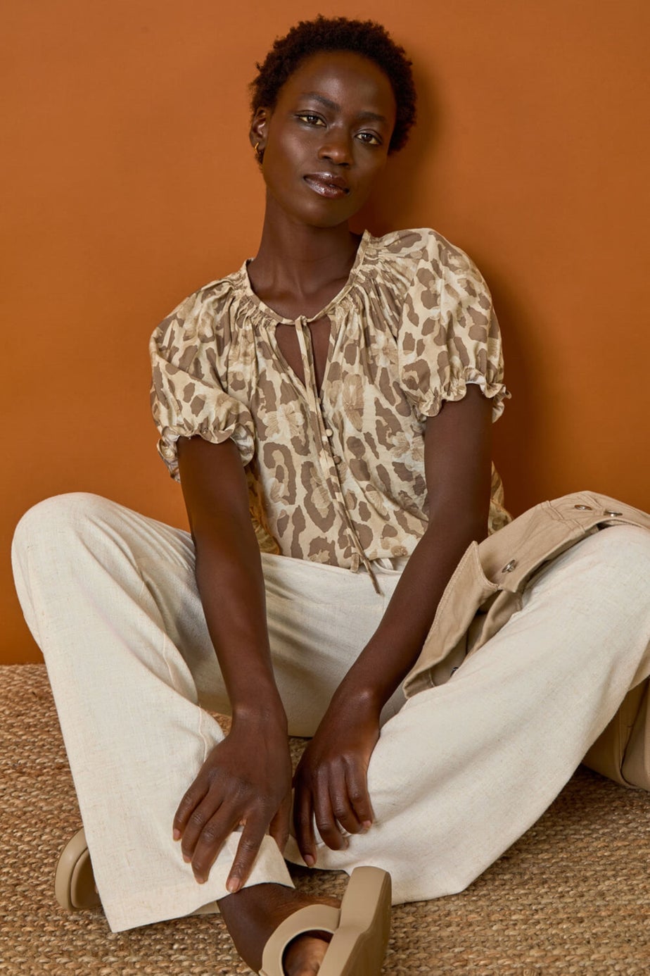 Roman Taupe Animal Print Tie Neck Top