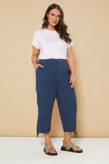 Yours Curve Navy Blue Cotton Cropped Cargo Trousers