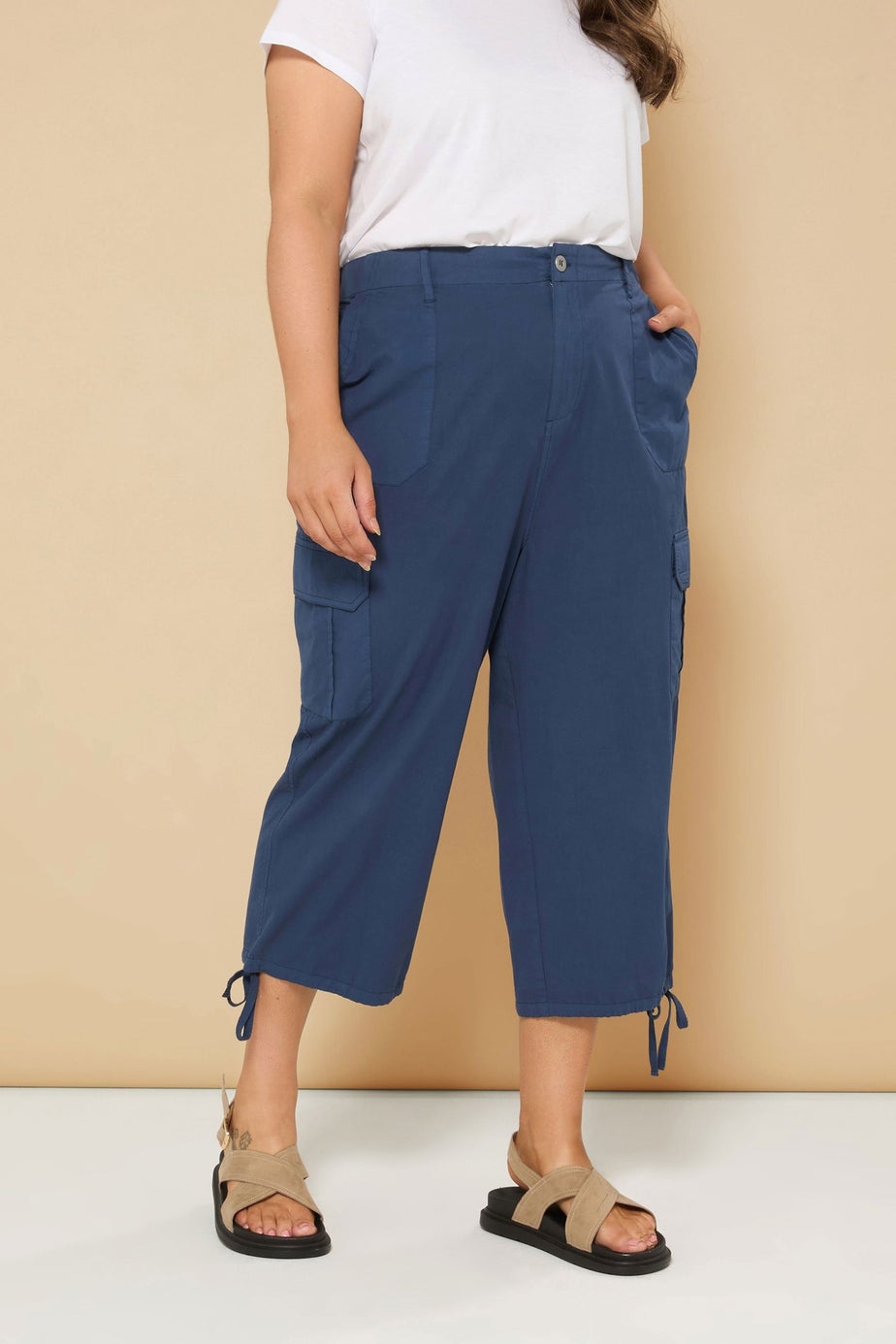 Yours Curve Navy Blue Cotton Cropped Cargo Trousers