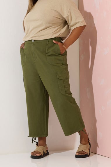 Yours Curve Khaki Green Cotton Cropped Cargo Trousers