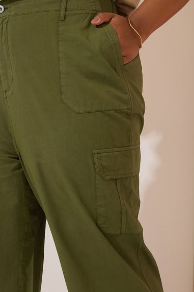 Yours Curve Khaki Green Cotton Cropped Cargo Trousers