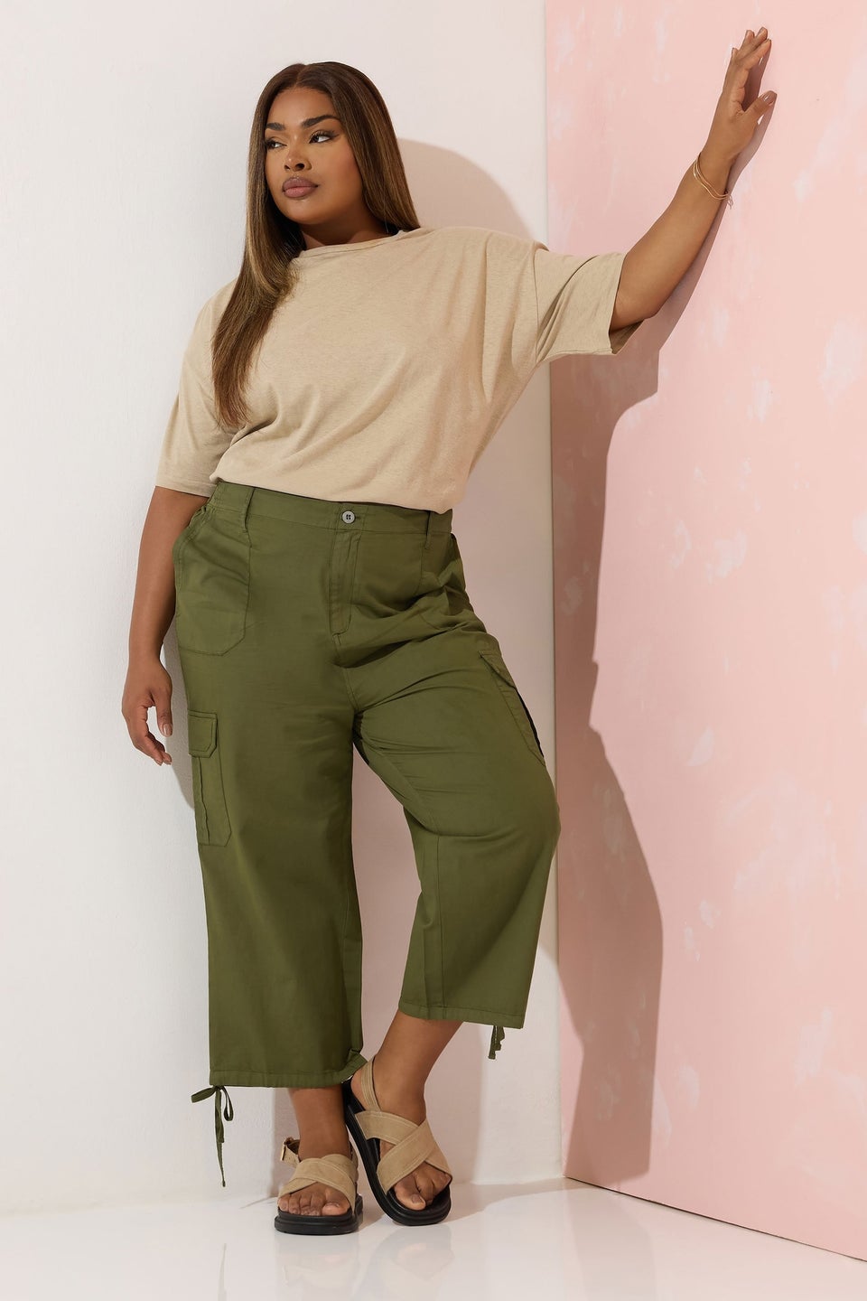 Yours Curve Khaki Green Cotton Cropped Cargo Trousers