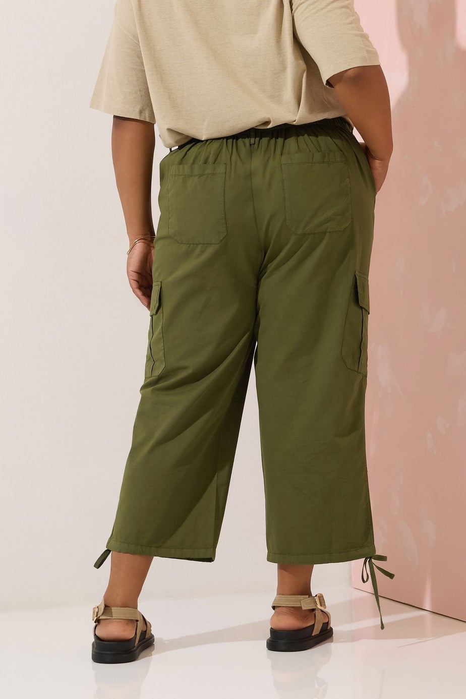 Yours Curve Khaki Green Cotton Cropped Cargo Trousers