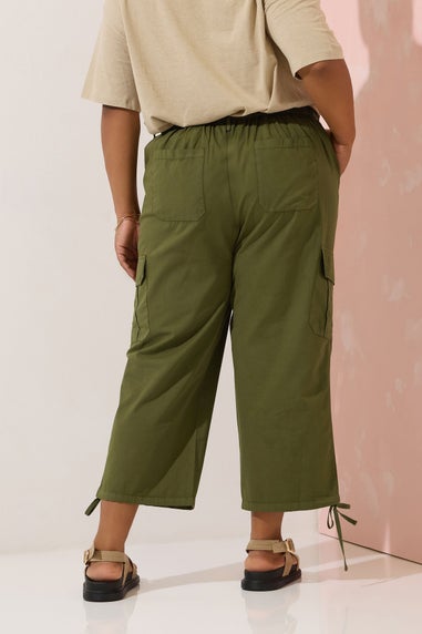 Yours Curve Khaki Green Cotton Cropped Cargo Trousers