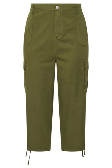 Yours Curve Khaki Green Cotton Cropped Cargo Trousers