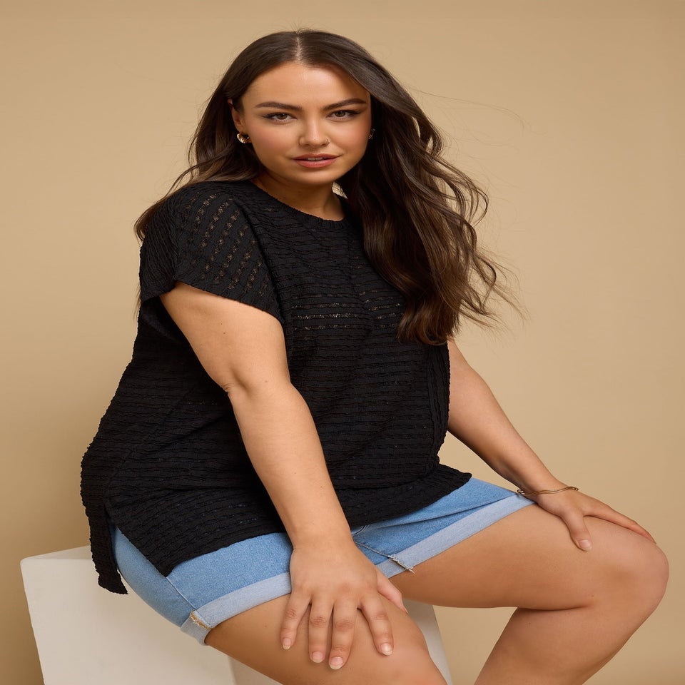 Yours Curve Black Textured Split Seam Top